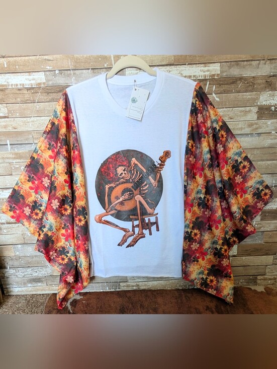 Hand Crafted Tops - Jerry Garcia Graphic W Boho Floral Bat Winged Sleeves Top
